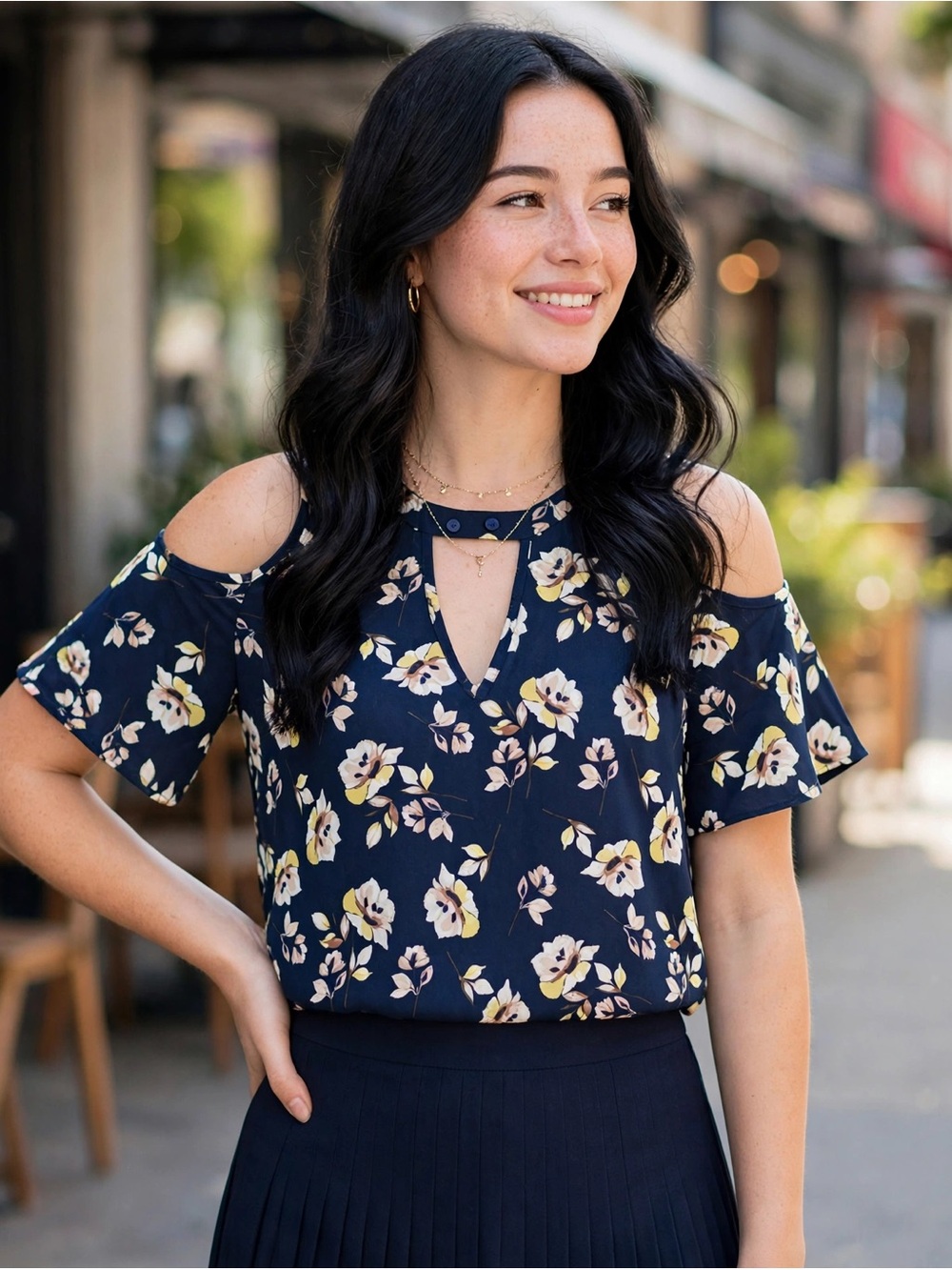 Sienna Sky Navy Blue Floral Cold Shoulder Double Button Neck Blouse Size Small